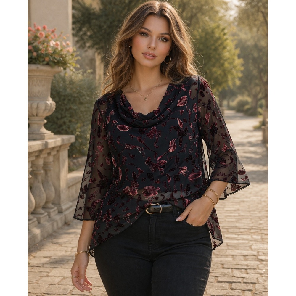 Hypnotic Velvet Burnout Top Womens 1X Black Red Asymmetric Whimsigoth Goth Boho